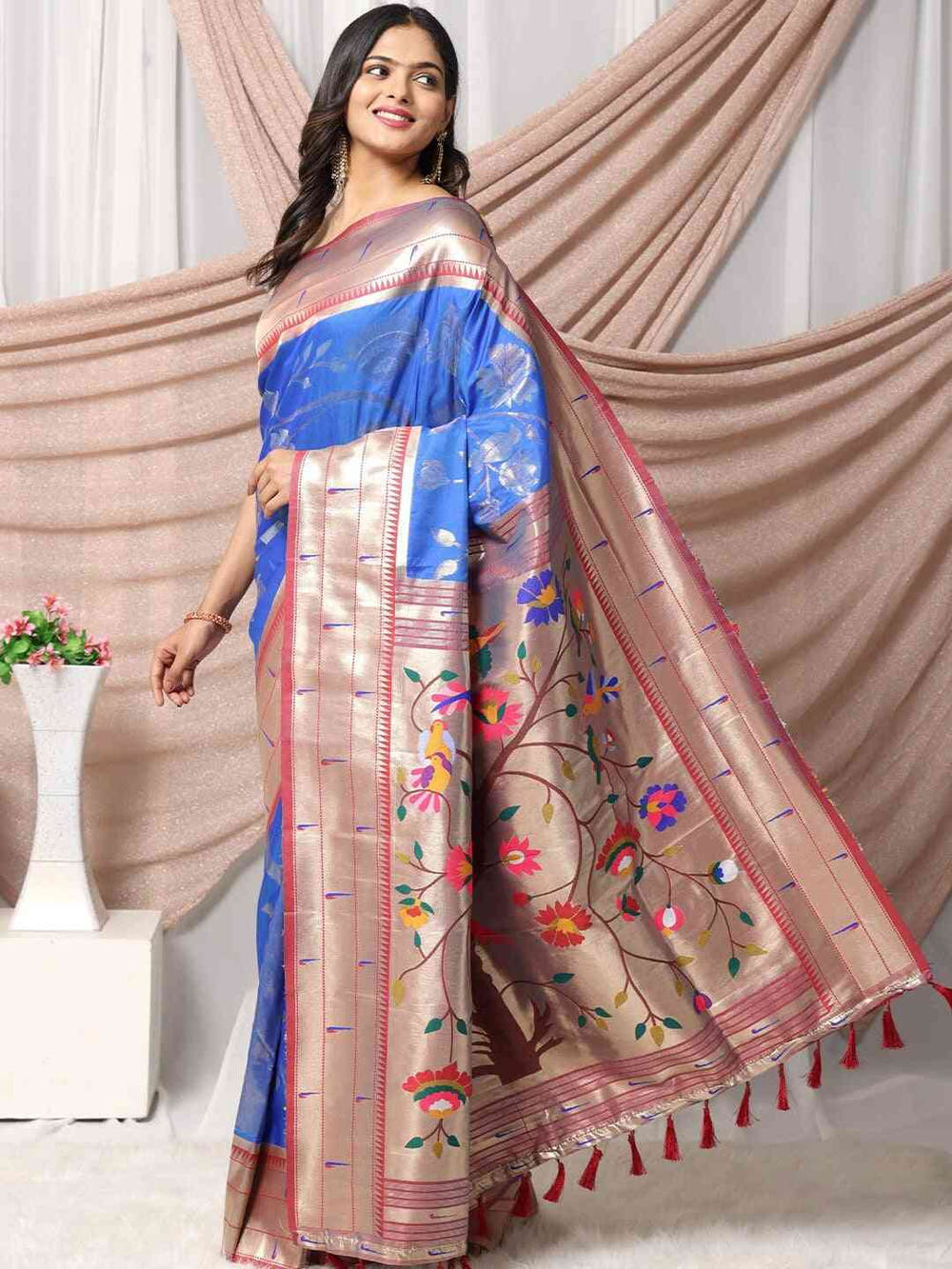 Silk Blend Woven Zari Work Paithani Saree In Blue Colour