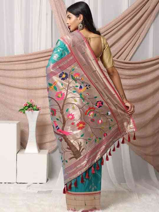 Silk Blend Woven Zari Work Paithani Saree In Rama Colour
