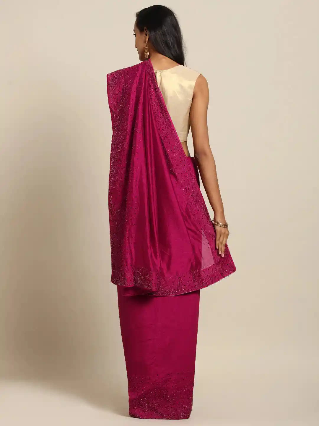Stylish Poly Silk Wine Colour Stones Work Saree