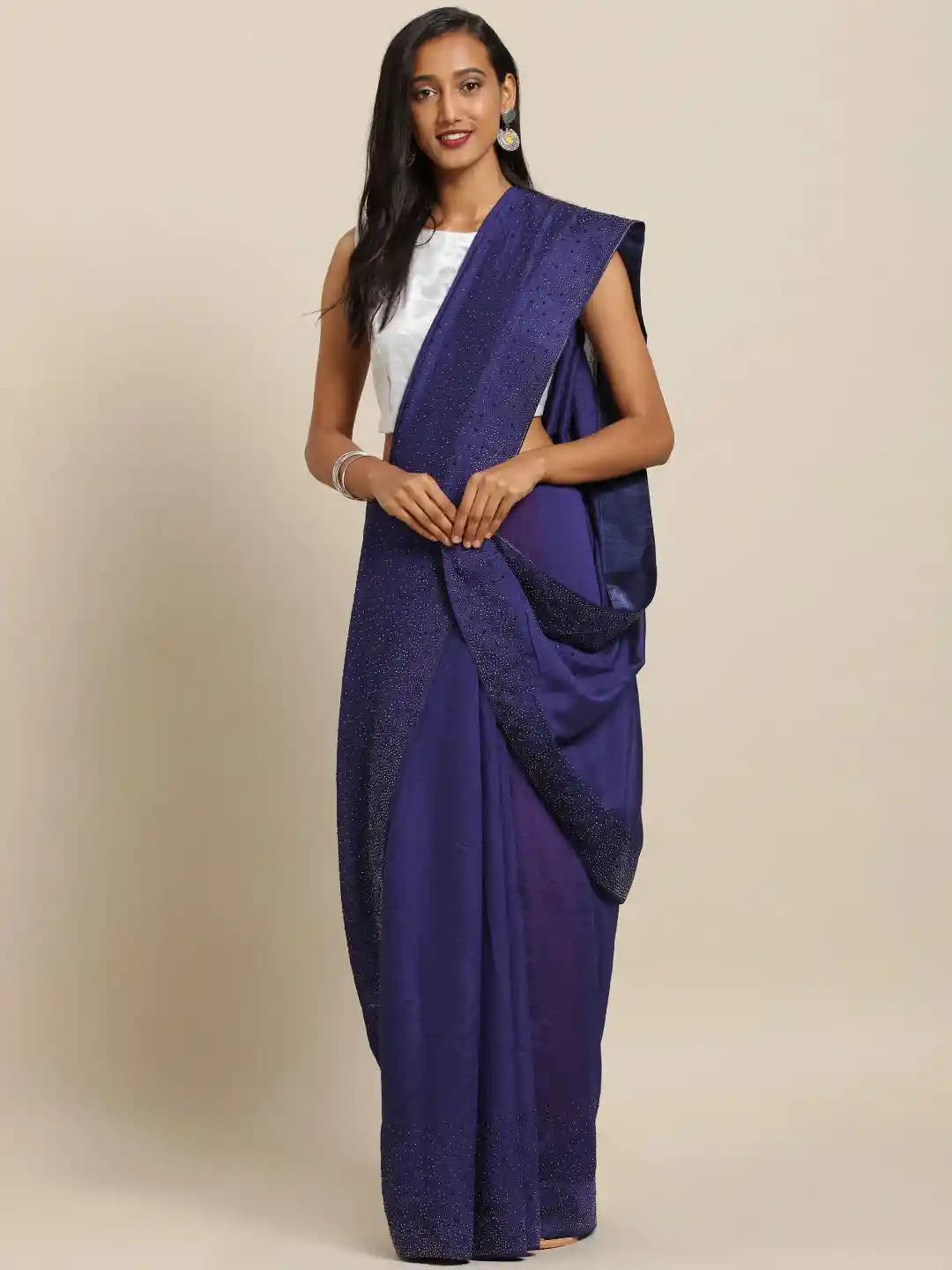 Stylish Navy Colour Solid Print With Stones Work Saree
