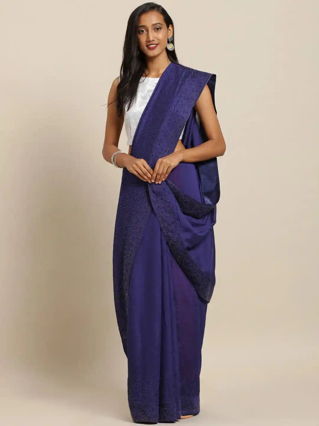 Stylish Navy Colour Solid Print With Stones Work Saree