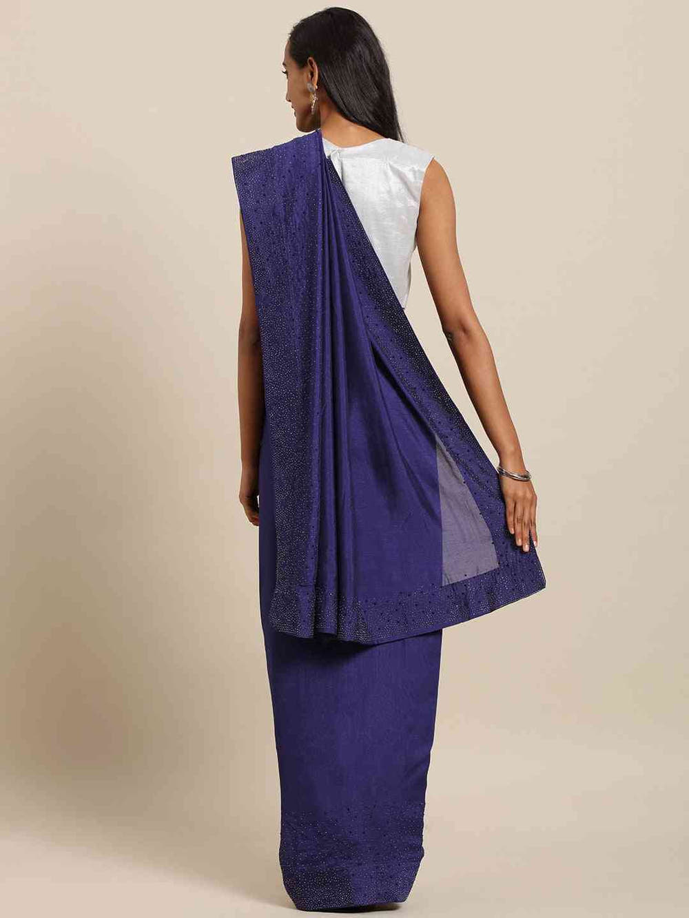Stylish Navy Colour Solid Print With Stones Work Saree