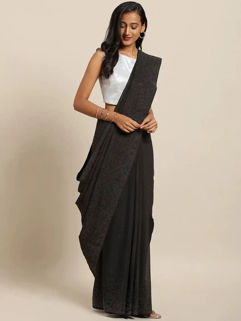 Stylish Black Colour Solid Print With Stones Work Saree
