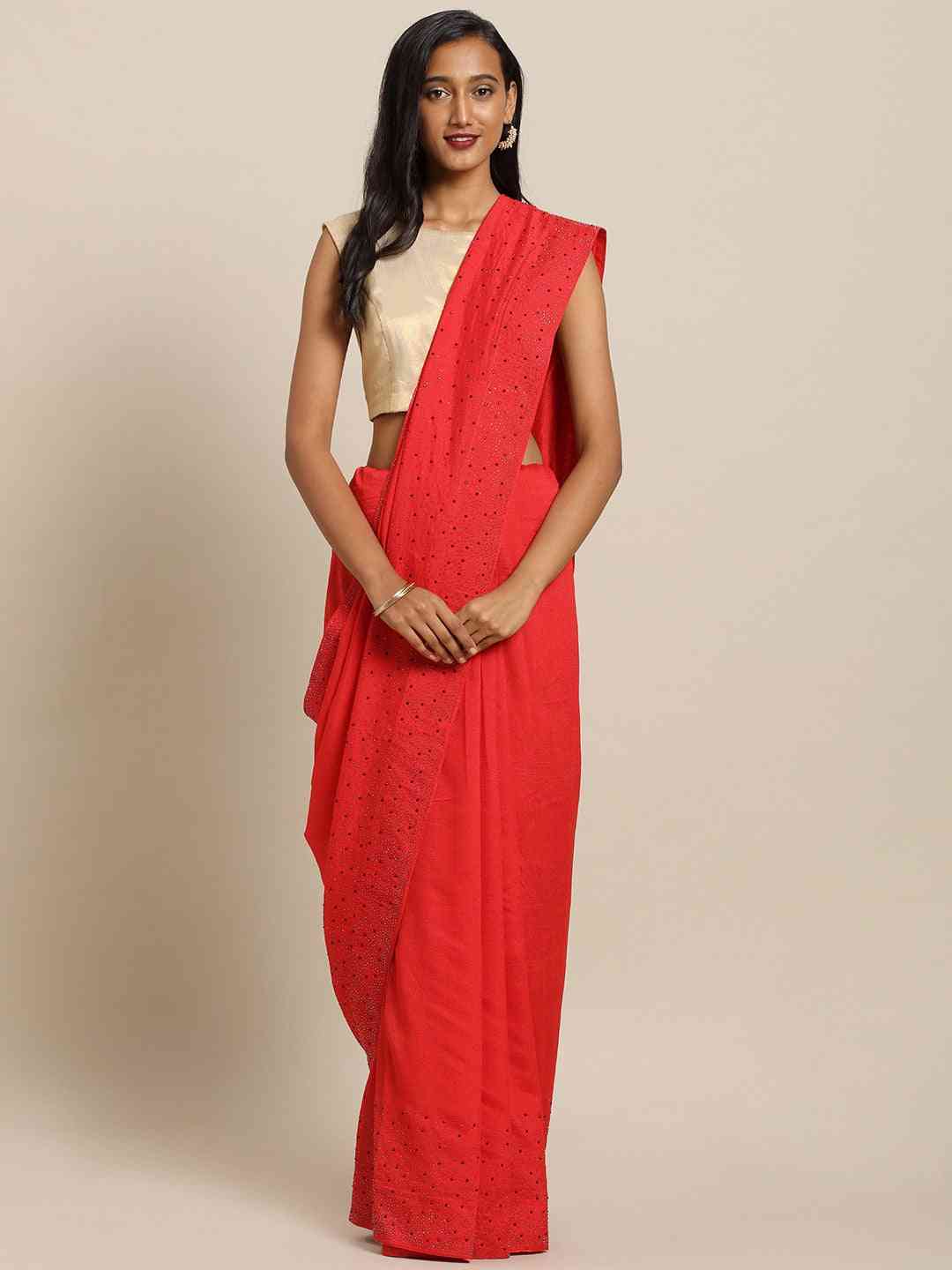 Stylish Red Colour Solid Print With Stones Work Saree