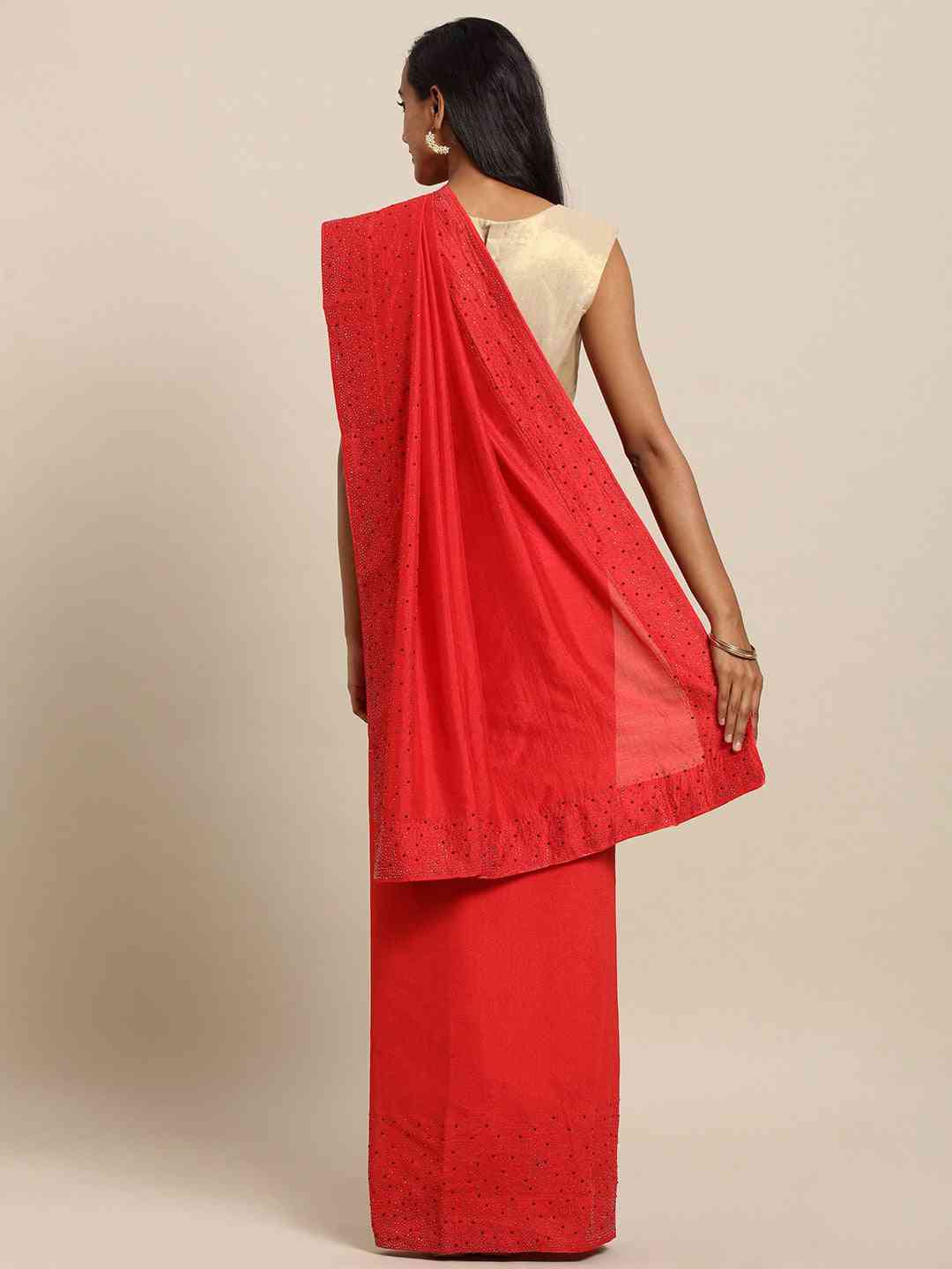 Stylish Red Colour Solid Print With Stones Work Saree
