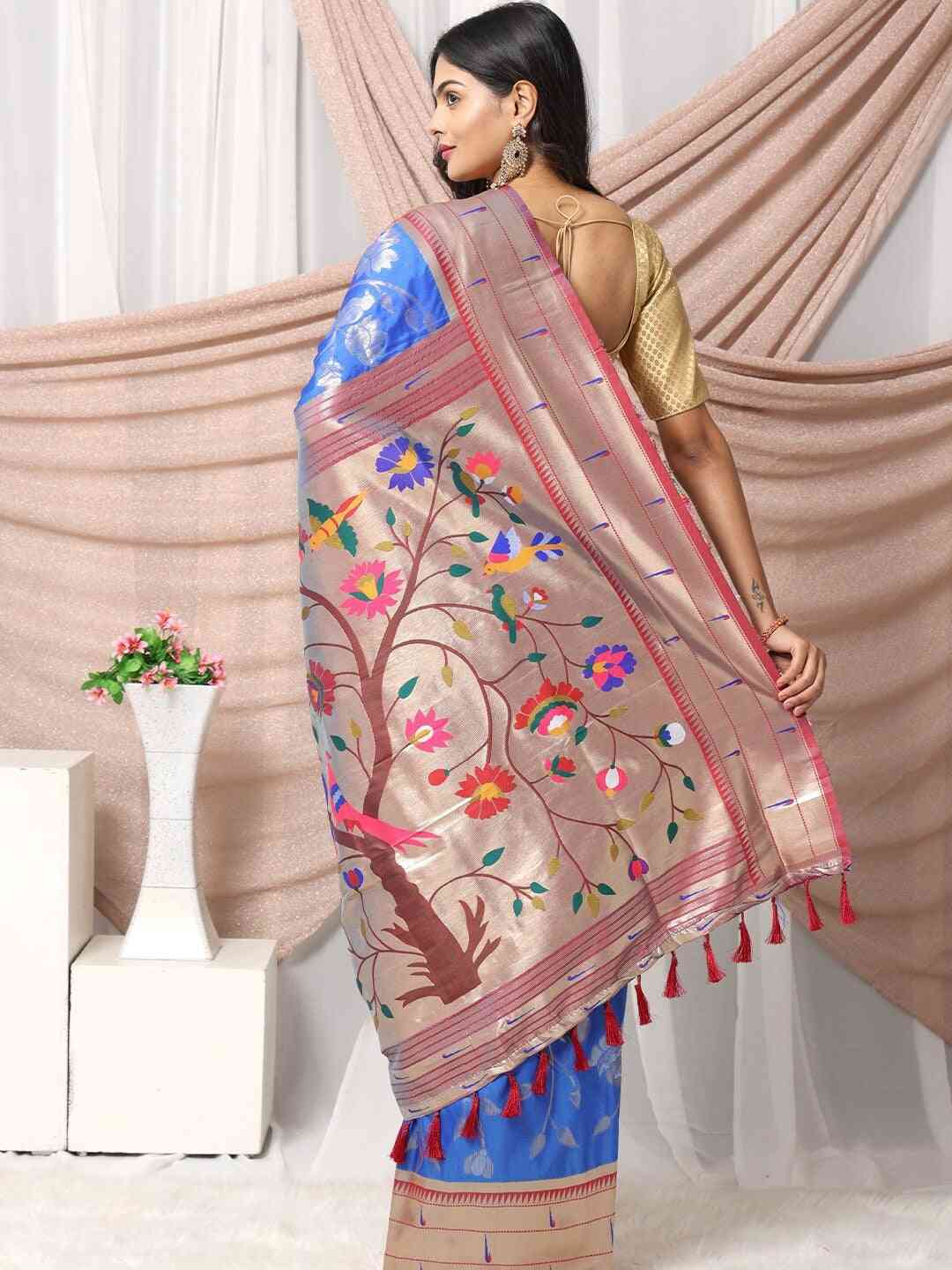 Silk Blend Woven Zari Work Paithani Saree In Blue Colour