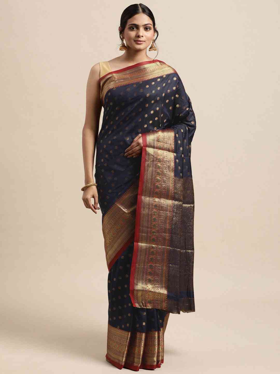 Stylish Banarasi Navy Colour Woven Design Silk Saree