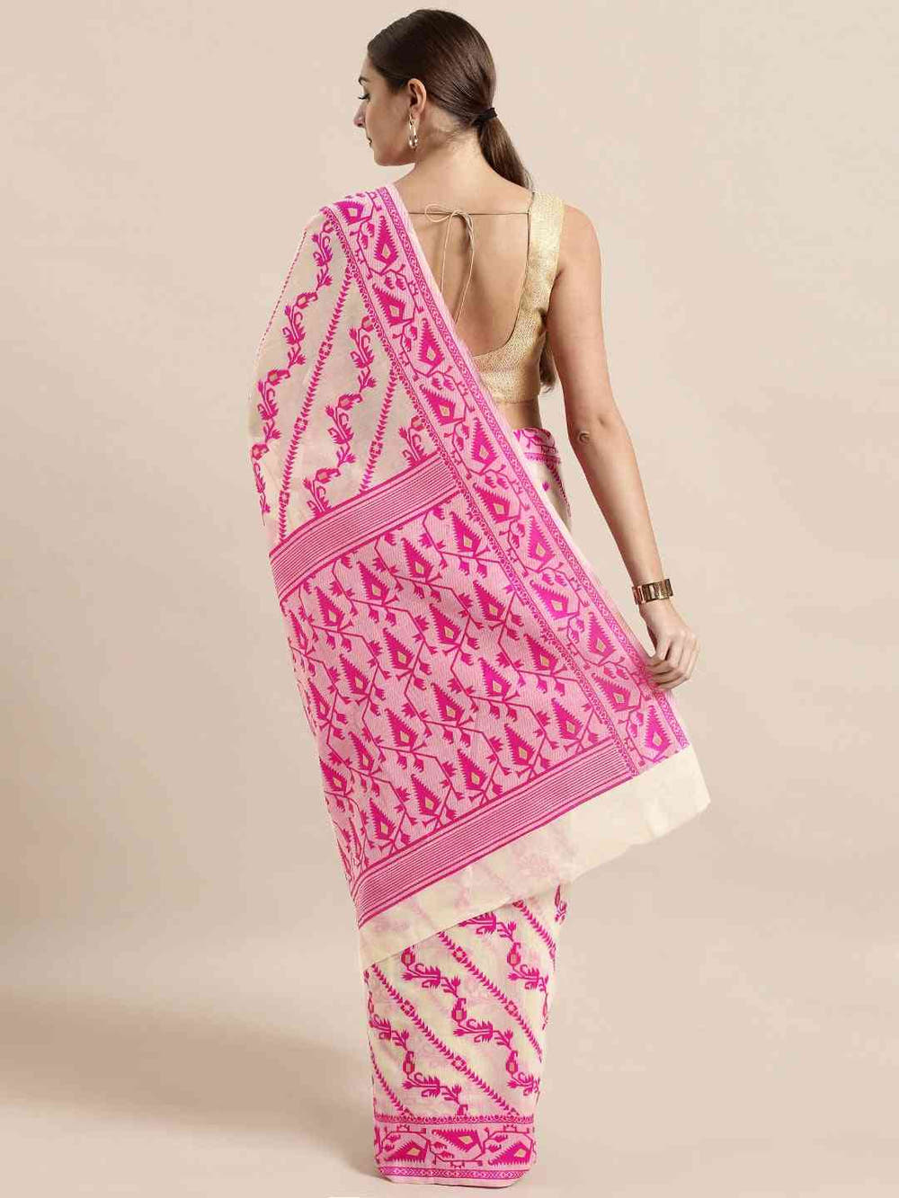 Jamdani Pink Colour Ethnic Motif Design Silk Cotton Saree