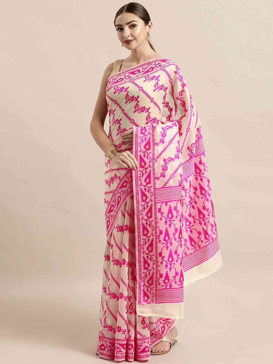 Jamdani Pink Colour Ethnic Motif Design Silk Cotton Saree
