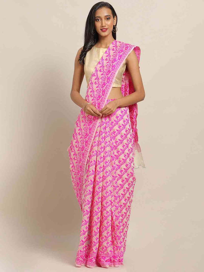 Jamdani Rani Colour Woven Design Silk Cotton Saree