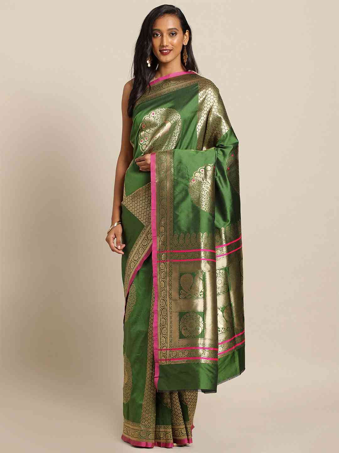 Kanjivaram Bottle Green Colour Silk Blend Woven Design Saree