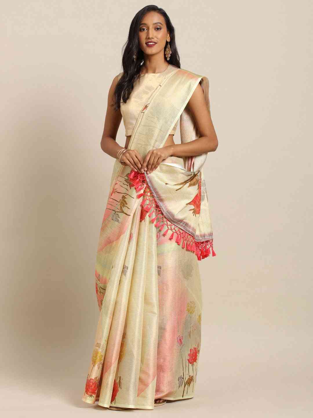 Maheshwari Yellow Colour Floral Printed Saree With Zari Border
