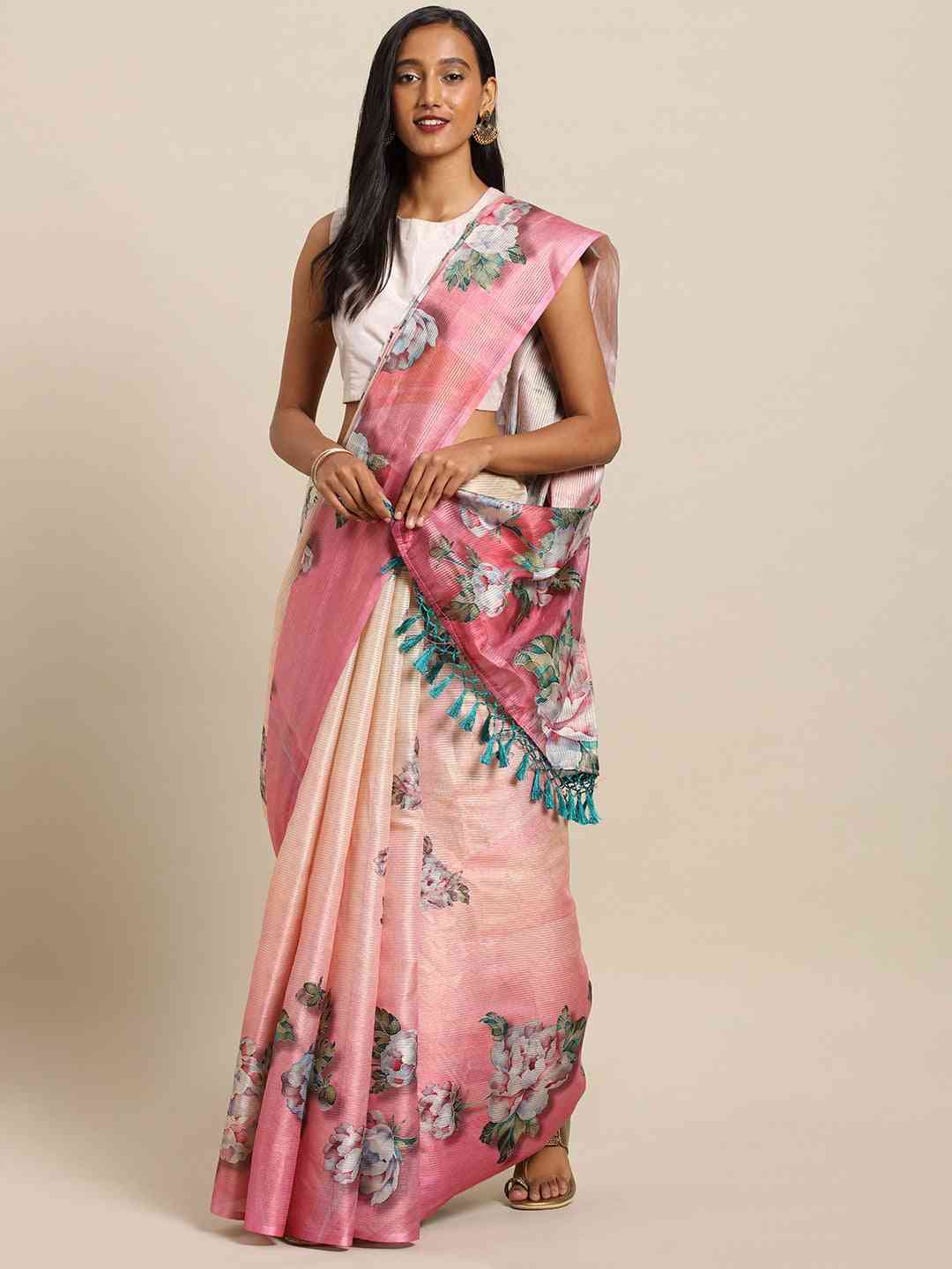 Maheshwari Floral Printed Saree With Zari Border